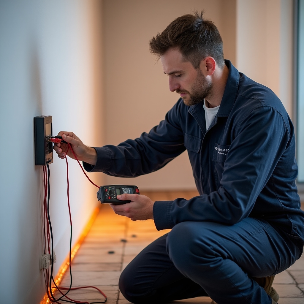 Мастер за работой по монтажу тёплого пола в квартире